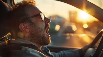 Tired Driver Yawning in Morning Traffic with Sunlight Illuminating Car Interior