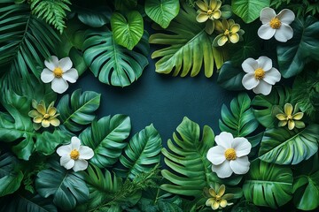 Close-up of exotic green floral arrangement with ferns, monstera plants, white flowers, and lush tropical foliage on a dark background.