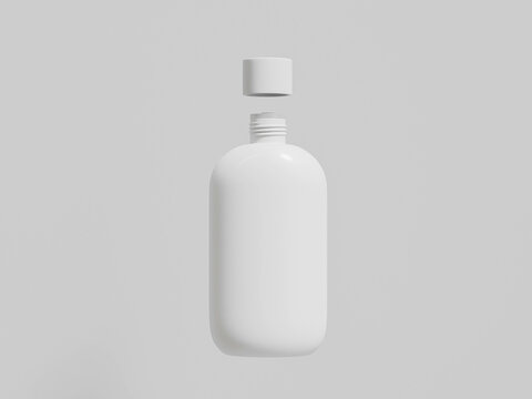 oval bottle with round shape skrew cap mockup, front view oval shape PET plastic bottle, squeeze liquid skincare and cosmetic product tube packaging, open skrew cap HDPE container mockup
