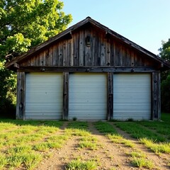 Rustic wooden garage with three closed roller doors, shed, country