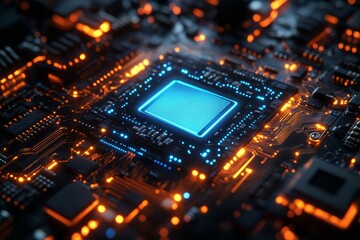 Obraz premium High-tech chip with blue glowing lines and an empty white square, surrounded by intricate circuit patterns, symbolizing innovation in technology.