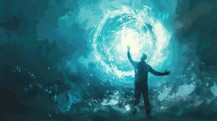 Digital painting of a person reaching out to touch a glowing orb representing success, symbolizing reaching for aspirations