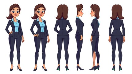 Cartoon businesswoman character model sheet, multiple views.