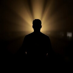 Silhouetted man illuminated by light rays in darkness.