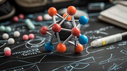 A detailed atomic model illustrated with chalk on a blackboard, surrounded by scientific text and molecular diagrams
