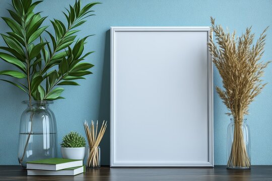 Simple white frame mockup on an office desk with a plant, stack of books, and clean background, ideal for creative content or advertising.