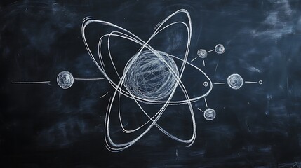 A detailed atomic model crafted in chalk on a blackboard, showcasing orbitals and subatomic particle annotations