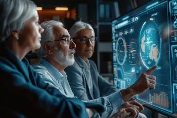 Senior Couple Discussing Retirement Plans with Financial Planner in High-Tech Office Setting