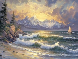 Naklejka premium Breathtaking Seascape with Dramatic Sunset and Majestic Mountains in the Background