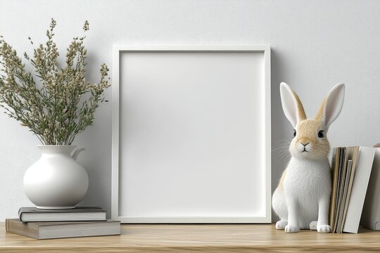 Simple white frame mockup on an office desk with a plant, stack of books, and clean background, ideal for creative content or advertising.