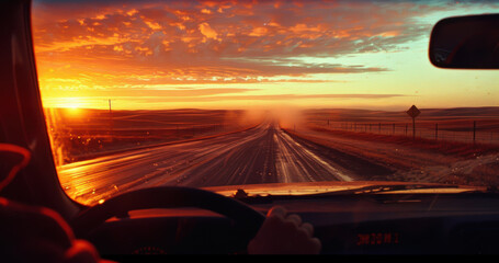Early Morning Drive with Sunrise on Long Empty Road - Journey, Solitude, Travel Inspiration
