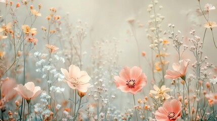 Delicate peach blossoms bloom in a tranquil field