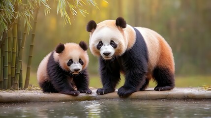 Fototapeta premium Playful Pandas Near Bamboo-Shaded Waterhole in Serene Natural Setting