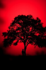 Silhouette of a person standing by a tree at red sunset.
