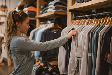 Small Business Owner Organizing Stylish Fitness Apparel in Energetic Retail Store