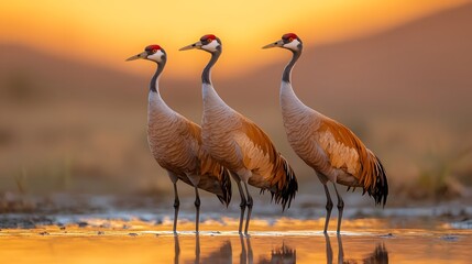Naklejka premium Three Majestic Cranes Wading in Shallow Waterhole at Sunset