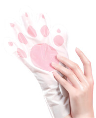Female hand in a glove with serum in the form of a cat's paw. Hand skin care. Beauty illustration for cosmetology on a transparent background