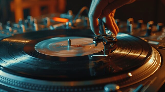 DJ seamlessly transitioning between tracks on a cuttingedge digital turntable  ,close-up