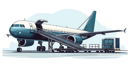 Airplane at the Gate with Jet Bridge and Luggage Cart.