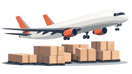 Airplane Taking Off Above Cargo Pallets.