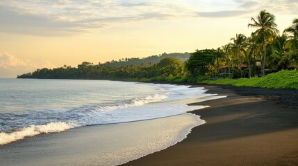 Tranquil Sunset Scene on Black Sand Beach with Lush Tropical Vegetation
