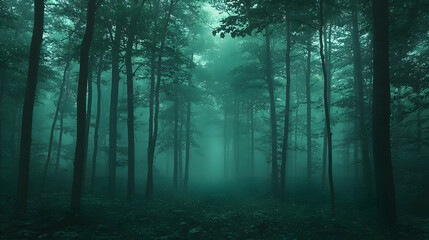 Fototapeta premium Enigmatic Forest Path, shrouded in an ethereal teal mist. Tall trees stand sentinel, their silhouettes barely visible in the atmospheric haze 