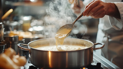 Chef's hands are holding a spoon and ladle steaming soup from a large pot in a professional kitchen