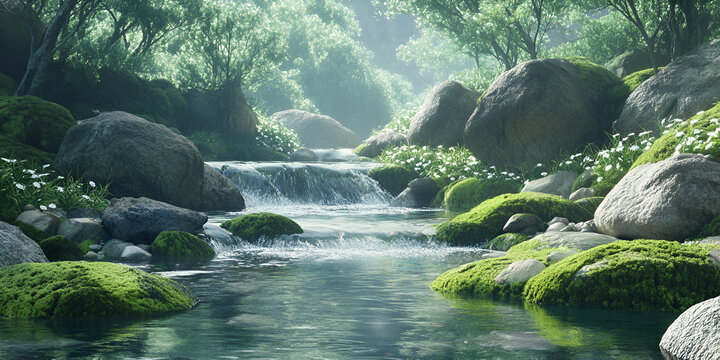 Calming Mountain Stream Flowing Over Mossy Rocks
