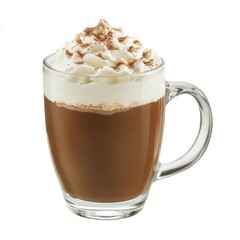 A creamy Irish coffee with whipped cream and a dusting of cocoa powder, served in a clear glass mug, the steam rising delicately