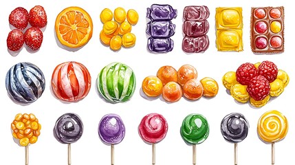 Watercolor Painting of Assorted Candies and Fruits.