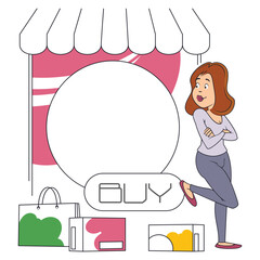 Funny girl buying clothes offline store.