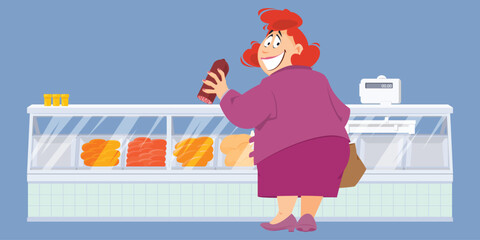 Funny woman buying groceries in a store.