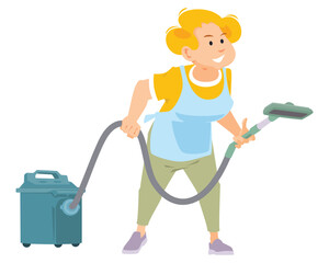 Housewife vacuuming home vacuum cleaner.