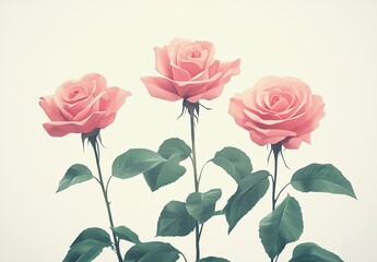 Three pink roses on a white background with green leaves.
