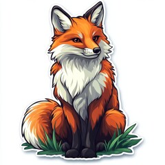 Charming Cartoon Fox Illustration with White Outline Sitting on Green Grass Ready to use as sticker or mascot design