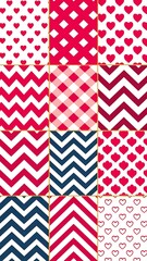 12 Cute different vector seamless patterns (tiling). Pink, red and blue color. Endless texture can be used for printing onto fabric and paper or scrap booking. Heart, stripes, rhombus, chevron.