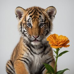 Obraz premium An endearing tiger cub with curious eyes sitting by a bright flower on a white background.