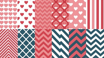 12 Cute different vector seamless patterns (tiling). Pink, red and blue color. Endless texture can be used for printing onto fabric and paper or scrap booking. Heart, stripes, rhombus, chevron.