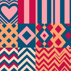 Obraz premium 12 Cute different vector seamless patterns (tiling). Pink, red and blue color. Endless texture can be used for printing onto fabric and paper or scrap booking. Heart, stripes, rhombus, chevron.
