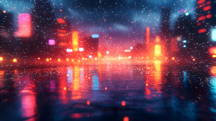 Fototapeta premium a neon-lit cityscape drenched in rain, creating a hazy, romantic atmosphere, the blurred city lights and shimmering reflections of the cityscapes in the puddles create a mystical, ethereal.