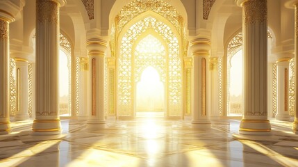 Obraz premium Sunlit Palace Hall with Ornate Columns and Arches