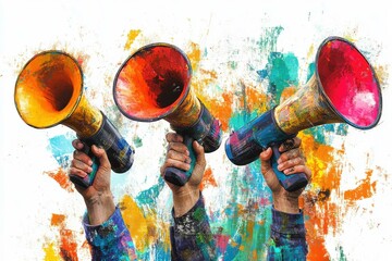 Vibrant Abstract Art of Hands Holding Colorful Megaphones Against a Dynamic Painted Background