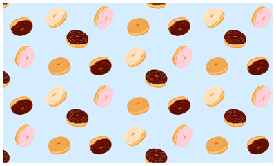 Seamless pattern with various assorted donuts. Hand drawn vector illustration. Chocolate covered, cinnamon, sugar glazed, strawberry, sprinkle.	