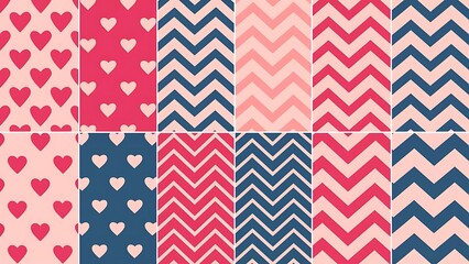 12 Cute different vector seamless patterns (tiling). Pink, red and blue color. Endless texture can be used for printing onto fabric and paper or scrap booking. Heart, stripes, rhombus, chevron.