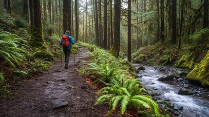 Fototapeta premium Lone adventurer hiking through lush evergreen forest along flowing stream in remote wilderness landscape