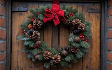 Rustic Christmas wreath with pine cones and red bow on wooden door.