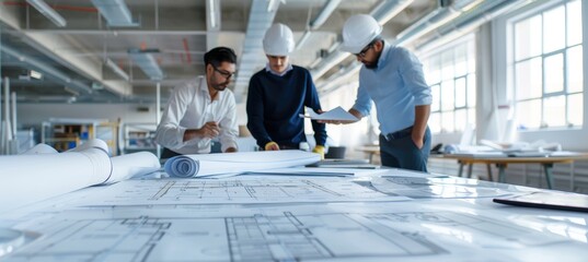 Professionals Collaborating with Architect and Construction Manager in Modern Office Space