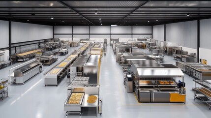 Fototapeta premium Modern automated bakery production facility showcasing extensive equipment