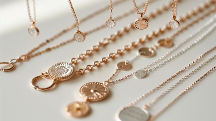 A set of layered necklaces with delicate pendants, arranged flatly on a white surface.