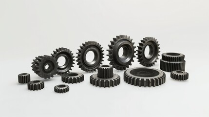A set of mechanical gears of varying sizes, arranged neatly on a white background.